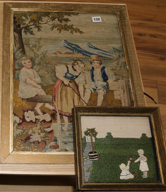 A Victorian needlework picture and a smaller Edwardian embroidery